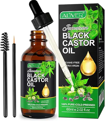 Aceite de Ricino Negro Jamaicano, Aceite de Ricino Orgánico 100% puro Aceite de Ricino Negro Prensado en Frío Aceites Esenciales para el Cuerpo, Rostro y Piel, Crecimiento de Cejas, 60 ml  