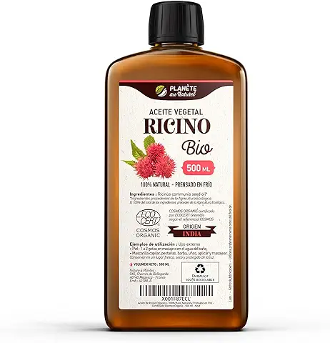 Aceite de Ricino Orgánico 500 ml - 100% Puro, Natural y Prensado en Frío - Certificado Cosmos Organic  
