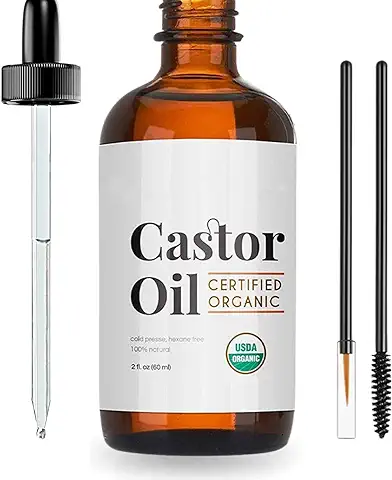 Aceite de Ricino Orgánico 60 ml, Aceite de Ricino Orgánico para el Crecimiento del Cabello, Puro, Natural y Prensado en Frío, Aceite de Ricino Natural para Cuerpo, Cabello, Uñas, Pestañas, Cejas,  