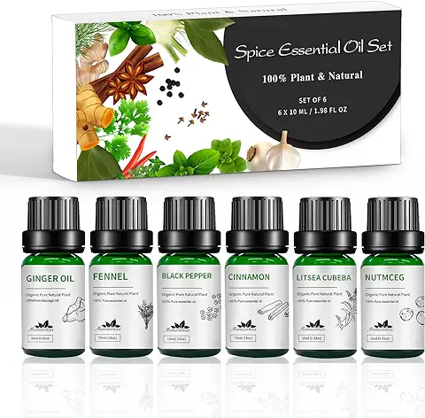 Aceite Esencial de Especias Mumianhua 6x10ml Conjunto de Entrada de Aceite Esencial Puro para Difusores, Piel, Velas - Anís, Pimienta Negra, Litsea Cubeba, Cardamomo, Jengibre, Canela  