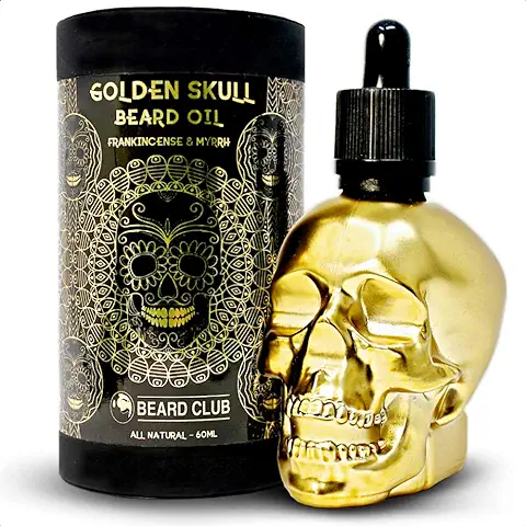 Aceite Para Barba Golden Skull - Incienso y Mirra - 60ml - Natural y Orgánico - Suavizar, Acondicionar, Ayudar con la Picazón y las Escamas de la Barba, Mejorar el Crecimiento, Brillo y Grosor  
