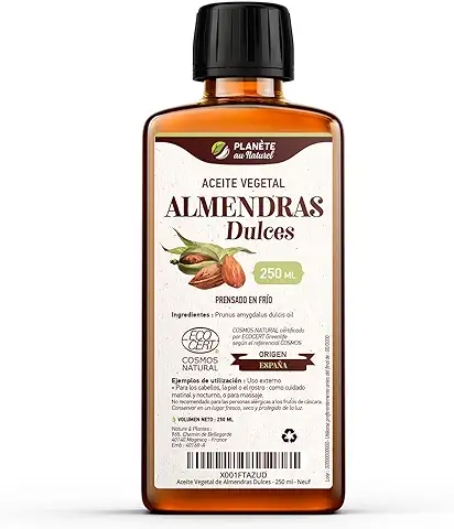 Aceite Vegetal de Almendras Dulces 250 ml - 100% Puro, Natural y Prensado en Frío - Certificado Cosmos Natural  