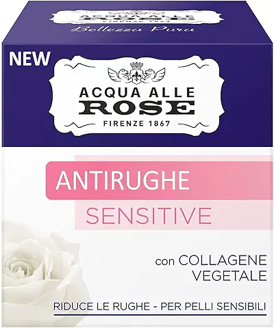 Acqua alle Rose, Crema Facial Antiarrugas Sensible con Colágeno Vegetal y Extracto de Rosa, Crema Antiarrugas, Delicada para la Piel, Ideal para Pieles Sensibles, 100% Natural, 50 ml  