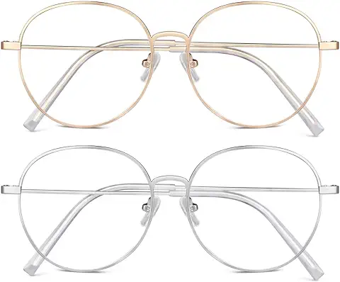 ACWOO Gafas Luz Azul, 2 Pack Gafas De Bloqueo De Luz Azul con Ronda Marco De Metal, Ojos Antifatiga Gafas para Ordenador, Lentes Transparentes Unisex Para Hombres Mujeres, Gafas de Presbicia  