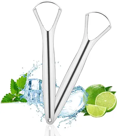 ACWOO Limpiador de Lengua, 2 Pieces Limpiador Lingual Acero Inoxidable, Raspadores de Lengua, Tongue Scraper, Raspador de Lengua Limpiador, para Reduce el Mal Aliento y Higiene Bucal (Plata)  