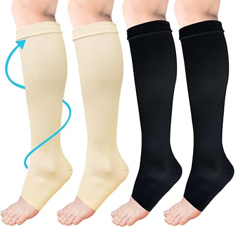 ACWOO Medias de Compresión con la Punta Abierta, 2 Pares 15-20 mmHg Calcetines de Compresión con Punta Abierta, Calcetines de Compresión sin Puntera, para Venas Varicosas, Hinchazón, Edema  