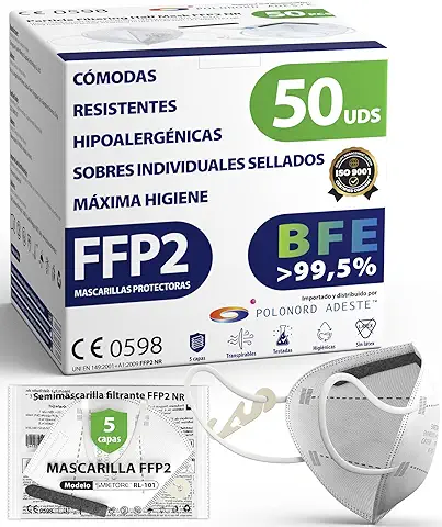 ADESTE - 50 Mascarillas FFP2 Blancas con Certificado CE, Cadena Controlada, Elásticos Cómodos, Hipoalergénicos y Regulables. Seguras: Potencia de Filtrado BFE >99,5%. Sobres Individuales Sellados  