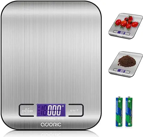 ADORIC Báscula Digital para Cocina de Acero Inoxidable, Balanza de Alimentos Multifuncional, Peso de Cocina, Color Plata (Baterías Incluidas) (Plateado)  