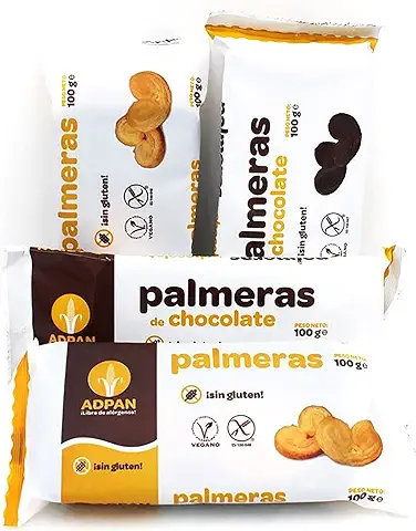 Adpan Pack de Palmeras Sin Gluten de Sabores Variados. Palmeritas de Chocolate y  Tradicionales. Palmeras de Hojaldre Sin Alérgenos para Desayuno y Merienda. Lote de 2 Paquetes por Sabor. 400 G  