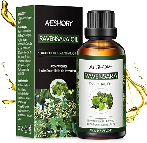 AESHORY Aceite Esencial de Ravensara 50ml, 100% Puros Natural Aceites Esenciales de Aromaterapia de Grado Terapéutico para Humidificador Difusores, Masaje, Baño, Antiinflamatorio, Calma y Sueño  