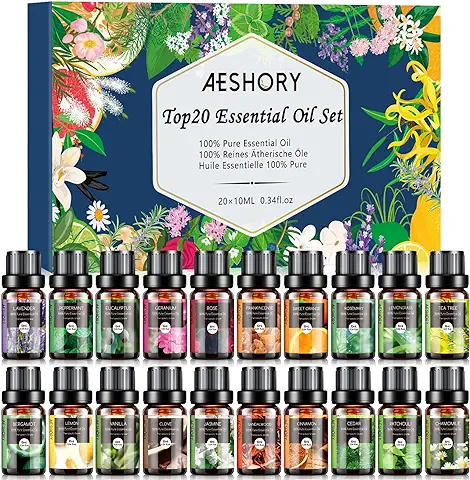 AESHORY Aceites Esenciales Aromáticos para Humidificador 20 X 10ml, 100% Naturales para Aromaterapia, Difusor Aroma, SPA, Masajes - Lavanda, Menta, Eucalipto, Romero, Jazmín, Limón, Rosa  