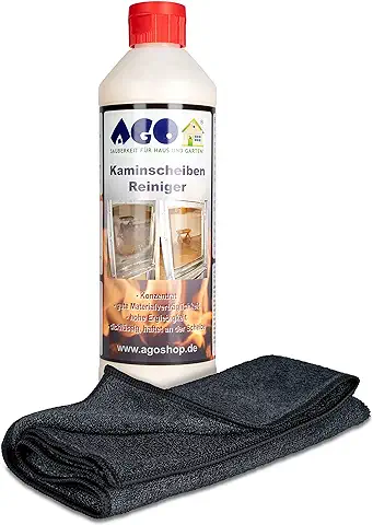 Ago ® Limpiador Cristal Chimenea Incl. Paño Microfibra i Altamente Eficaz Removedor de Hollín & Limpiacristales para Horno Grill UVM con Natural Ingredientes - sin Humos Tóxicos Rußentferner 500ML  