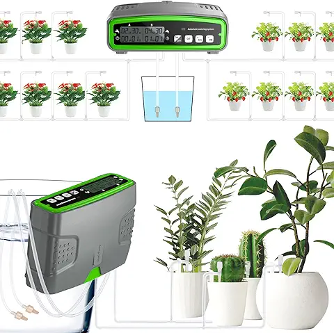 AIBISTAR Kit de Riego Por Goteo Automático, Sistema de Riego de Jardín con Doble Bomba, Tubería de Riego por Goteo de 15 m, Riego de Plantas de Bricolaje, Adecuado para Plantas en Macetas de Interior  