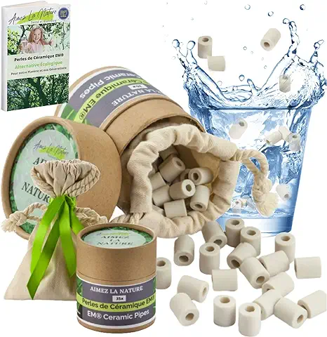 Aimez La Nature 35 Perlas de Cerámica EM® con un Bonito Paquete Ecológico y Bolsa de Algodón Certificado Biológico, Purificador Natural de agua Robinet, Filtro de agua para Jarra Hervidor  