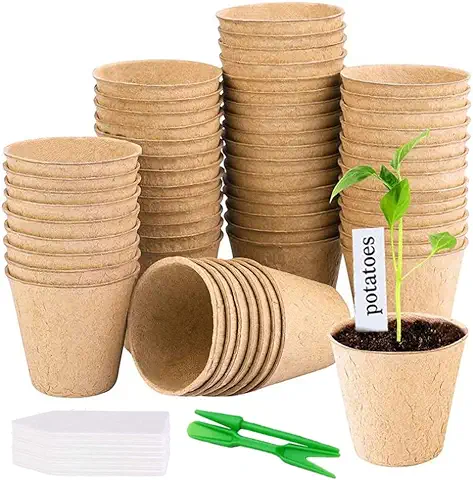 AISHOW 50 Piezas Macetas de Semillas 8cm Redondas Biodegradables Semilleros de Germinacion Macetas de Turba con 2 Herramientas de Jardín y 50 Etiquetas de Plantas  