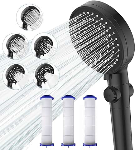 Alcachofa Ducha de Ahorro de Agua, Dokkita Filtrada Cabezal Ducha de Mano con Botón de Parada de Agua, Alcachofa Ducha de Alta Presiòn, 5 Modos de Pulverización Ducha y 3 Núcleo Filtrante Extra, Negro  