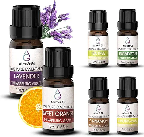 Alex&Gi. Set de Aceites Esenciales Para Humificador- Kit de Aromaterapia para Relajación, Bienestar y Salud. 100% Natural Puro (6 Piezas, Lavanda, Eucalipto, árbol de Té, Canela, Limón, Naranja).  