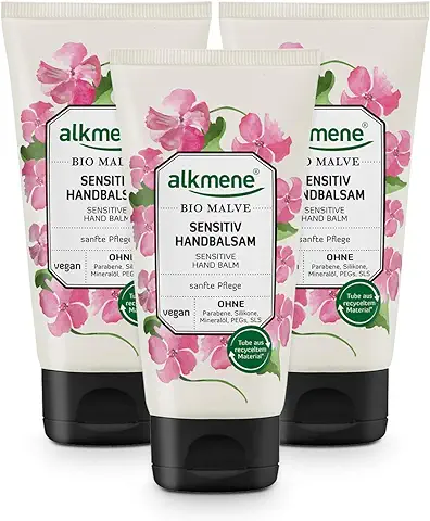 Alkmene Bálsamo de Manos con Malva Orgánica - Crema de Manos Sensibles y Secas - Crema Vegana Reparadora, sin Siliconas, Parabenos ni PEGs, SLS y SLES 3x 75 ml  