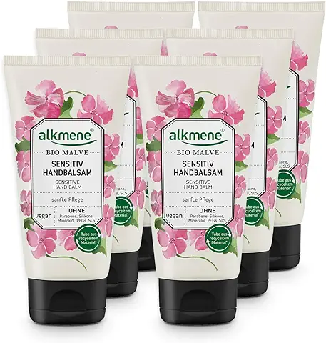 Alkmene Bálsamo de Manos con Malva Orgánica - Crema de Manos Sensibles y Secas - Crema Vegana Reparadora, sin Siliconas, Parabenos ni PEGs, SLS y SLES 6x 75 ml  