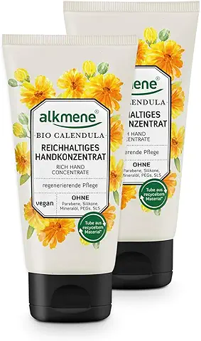 Alkmene Crema de Manos Concentrada en Caléndula Orgánica - Crema para Manos Secas y Agrietadas - Crema Vegana sin Siliconas, Parabenos, Aceite Mineral, PEGs, SLS y SLES (2x 75 ml)  