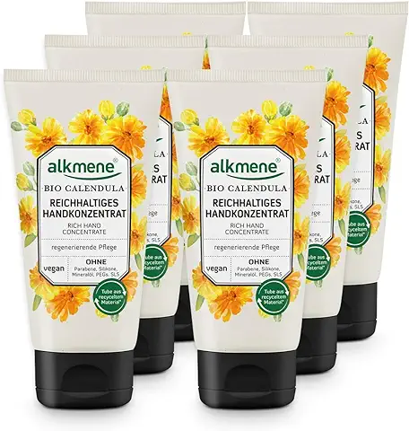 Alkmene Crema de Manos Concentrada en Caléndula Orgánica - Crema para Manos Secas y Agrietadas - Crema Vegana sin Siliconas, Parabenos, Aceite Mineral, PEGs, SLS y SLES (6x 75 ml)  