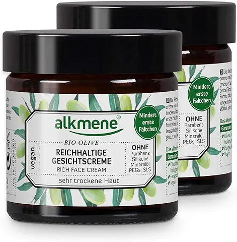 Alkmene Crema Facial Hidratante con Oliva Orgánica - Crema de la cara Especial para Pieles Secas - sin Siliconas, Parabenos ni PEGs, SLS y SLES - (2x 50 ml)  