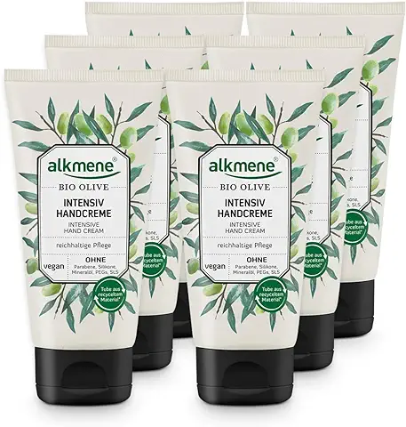 Alkmene Crema Hidratante de Manos con Oliva Orgánica - Crema Reparadora de Manos - Libre de Siliconas, Parabenos y PEGs, SLS y SLES - Cuidado de la piel (6x 75 ml)  