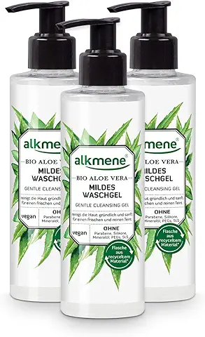 Alkmene Jabón Facial aloe vera Organico que Limpia las Impurezas - gel Limpiador para todo tipo de piel - Producto Vegano sin Siliconas, Parabenos, PEGs, SLS y SLES (3x 180 ml)  