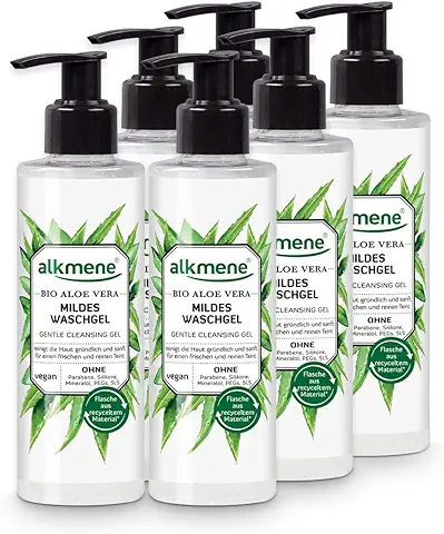 Alkmene Jabón Facial aloe vera Organico que Limpia las Impurezas - gel Limpiador para todo tipo de piel - Producto Vegano sin Siliconas, Parabenos, PEGs, SLS y SLES (6x 180 ml)  