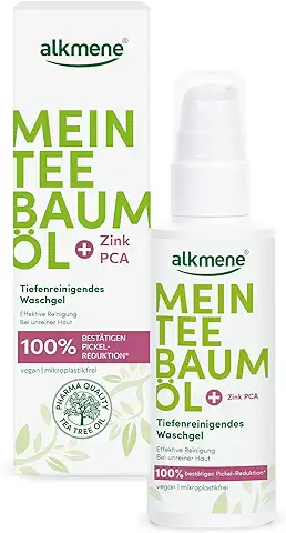 Alkmene Mi gel de Lavado Facial de Aceite de árbol de té, 150 ml, Reducción de Espinillas, 100 % Probado, Aceite de árbol de té, Vegano y Climáticamente Neutro, Limpieza Facial para Pieles Impurezas,  