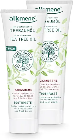 Alkmene Pasta de Dientes con Aceite de árbol de té para Dientes Sensibles - Crema de Dientes Vegana para Dientes Sensibles sin Siliconas ni Parabenos - con Flúor 2x 100 ml  