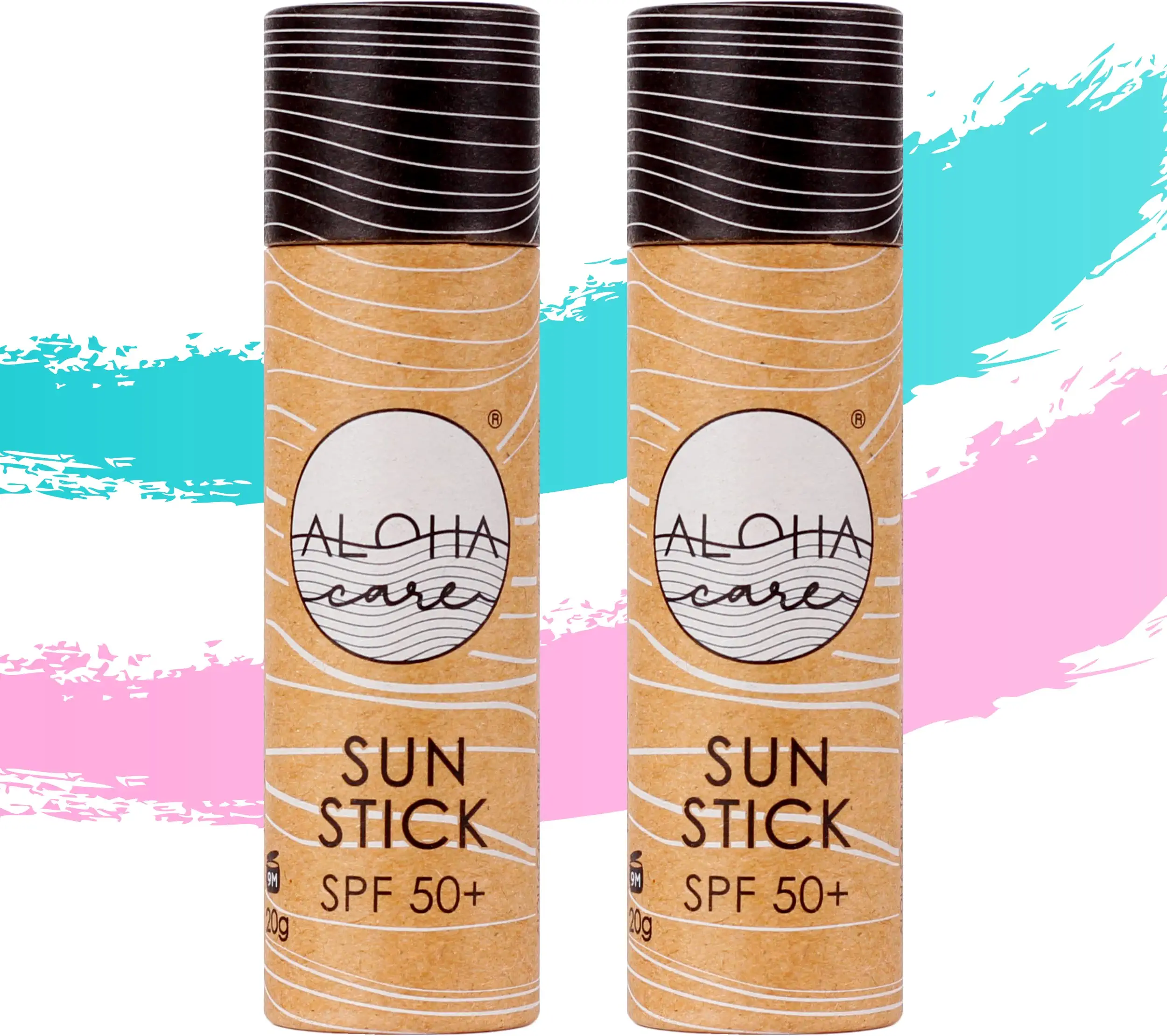 Aloha Sun Stick SPF 50+ | Protector Solar Mineral Teñido para el surf | Tubo de Papel Ecológico (2-pack Verde Azulado + Rosa)  