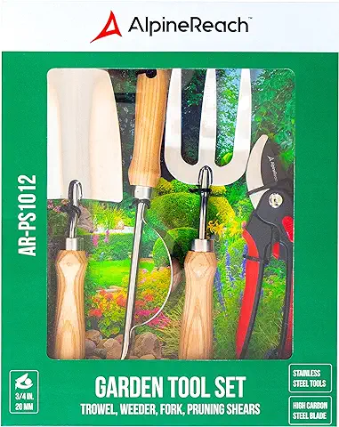 AlpineReach Juego de Herramientas de Jardinería, 4 Piezas Premium, Tijeras de Podar, Horquilla de Acero Inoxidable, Paleta, Escardador, Herramientas Ergonómicas de Alta Resistencia, Caja de Regalo  