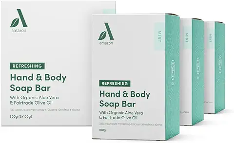 Amazon Aware Jabón de menta refrescante para manos y cuerpo con Áloe vera orgánico y aceite de oliva Fairtrade, 3 pastillas x 100 g