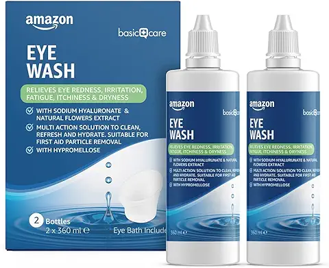 Amazon Basic Care Solución de Lavado Ocular con Hialuronato Sódico y Extractos de Flores Naturales, 360ml (Paquete de 2)  