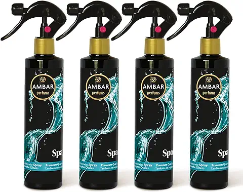 Ambar Perfums - Ambientador Spray Absorbe Olores Spa Especial Tejidos, ¡No Mancha! Pack de 4 uds de 280 ml.  