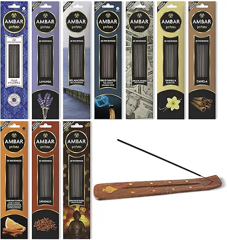 Ambar Perfums Inciensos de Varillas Perfumadas con Aceites Naturales. 60minutos Duración por Varilla. 200 Varillas en Total. Pack 10 Aromas + Porta Incienso  