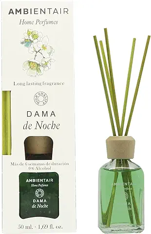 Ambientair Home Perfumes. Difusor de Varillas Perfumadas. Ambientador Mikado Dama de Noche. Difusor 50 ml con Palitos de Ratán.  