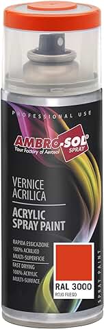AMBRO-SOL - Pintura Acrílica en Spray, Color Rojo Fuego, RAL 3000, Resultado Profesional en Múltiples Superficies, Exteriores e Interiores, 400 ml  