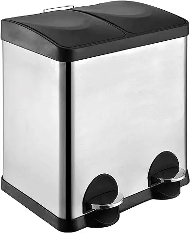 Amig - Cubo de Reciclaje Doble con Pedales | Cubo de Basura Anti-huellas para Cocina | Acero Inoxidable | 2 Compartimentos x 15 L | 48 x 32 x 40 cm | Plateado  