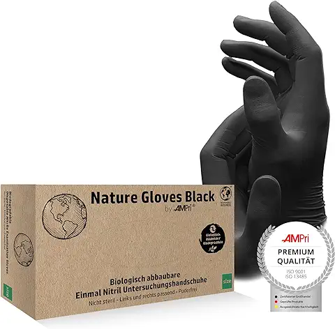 AMPri Guantes de Nitrilo Biodegradables, Negros, 100 Unidades/caja, Talla XS, sin Polvo, Nature Gloves by Med-CComfort: Guantes Desechables de Nitrilo Disponibles en Tallas XS, S, M, L, XL  