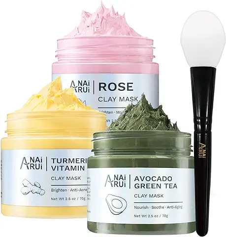 ANAiRUi Mascarilla Facial Cúrcuma Vitamina C - Mascarilla Arcilla Rosa - Mascarilla de Barro y Té Verde Aguacate - Purificante e Hidratante Set Mascarilla Facial SPA, 70g cada Una/210g en Total  