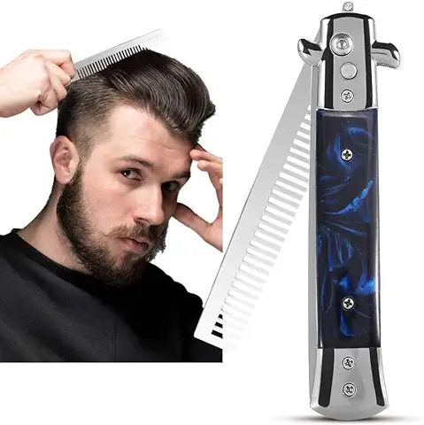 ANGGREK Switchblade Combs - 8.9 Pulgadas 4 Colores Primavera Plegable Botón de Presión Peine de Bolsillo Peine de Acero Inoxidable Peine de Bolsillo para Cabello Barba Bigote Estilo (AZUL)  