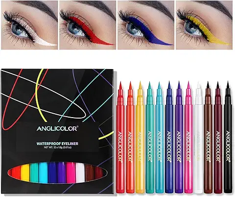 Anglicolor delineador de ojos, Juego de delineador de ojos líquido mate,delineador de ojos waterproof,Delineador de ojos coloreado de 12 colores,Perfecto para Halloween Navidad (12 colores)