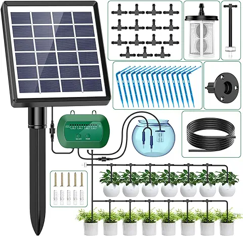 AnseTo Sistema de Riego Solar para Jardín, 2023 Nuevo Kit Riego por Goteo con 15 Micro Cabezales de Goteo,Riego por Goteo Automatico para Vacaciones Terrazas de Balcones Invernaderos Macetas Plantas  