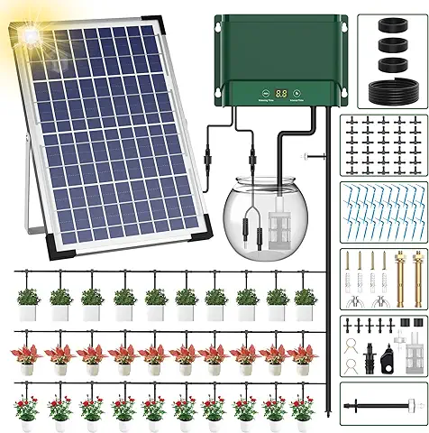 AnseTo Sistema de Riego Solar para Jardín, Kit Riego por Goteo Automatico con Tubo de Agua Exterior, Temporizador Riego por Goteo Solar para Vacaciones Terrazas de Balcones Macetas Césped Plantas  