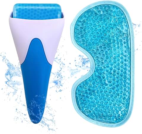 Antifaz gel frio y Ice Roller Facial. Kit Antiojeras, Mascara gel frio cara y Rodillo Facial Hielo, Masajeador Facial, Antifaz frio para Ojos, Alivio para el Dolor de Cabeza, Migraña Alivio.  