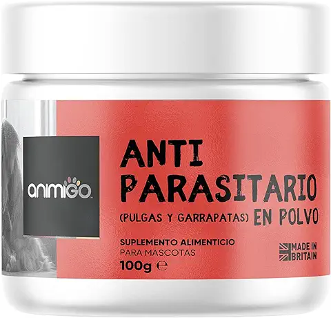 Antipulgas y Antigarrapatas en Polvo 100g para Perros y Gatos Sabor a Pollo - Suplemento Protección Antiparasitos, Pulguicida y Apoyo para Piel y Pelo con Vitaminas del Grupo B, Zinc y Aminoácidos  