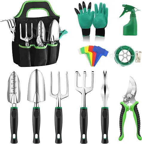 Anykuu Herramientas Jardinería 21 Piezas Juego de Herramientas de Jardinería Herramientas de Jardín Multifuncional con Paleta Mano Trasplantadora Tijeras Podar Rastrillo Mano Guantes Bolsa  