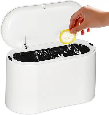 AOKITO Mini Cubo de Basura con Tapa, Plástico, para el Tocador de la Cocina, el Baño, la Oficina, el Escritorio o Mesa (1,5L, Blanco)  